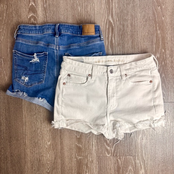 2 pairs American Eagle Outfitters Blue and Cream Jean Shorts Distressed Style - Picture 1 of 5